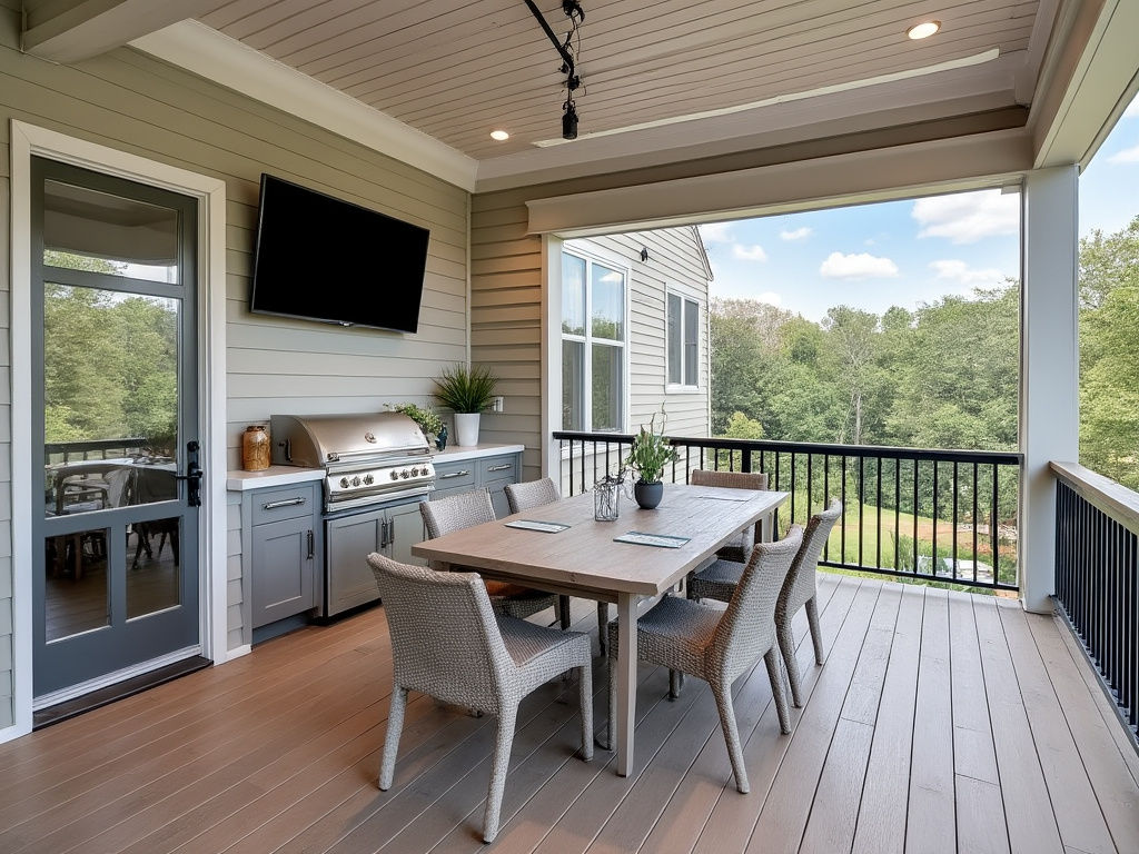 Outdoor dining and kitchen inspiration beneath a covered deck