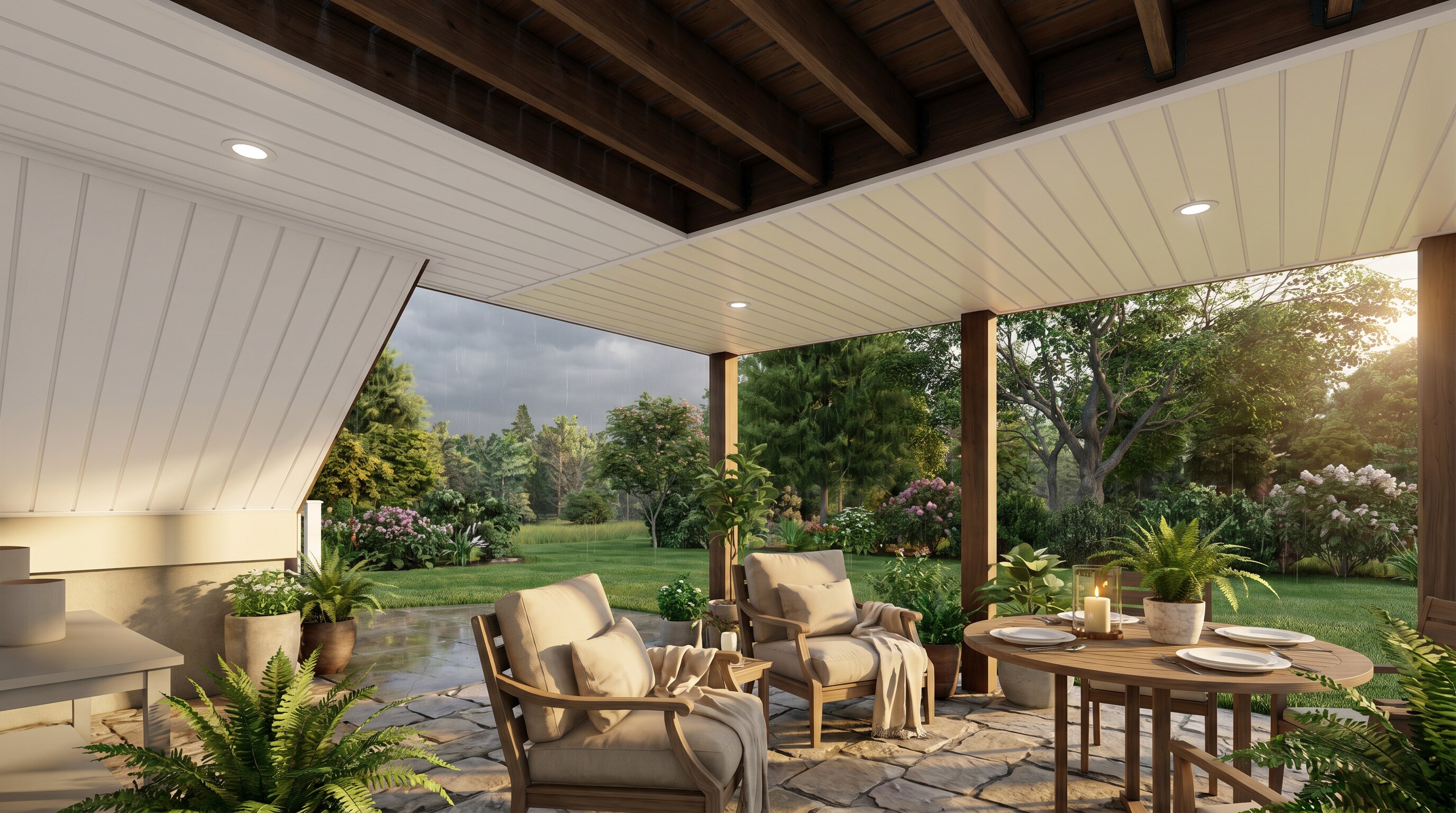 Furnished patio living and dining area beneath an elevated deck